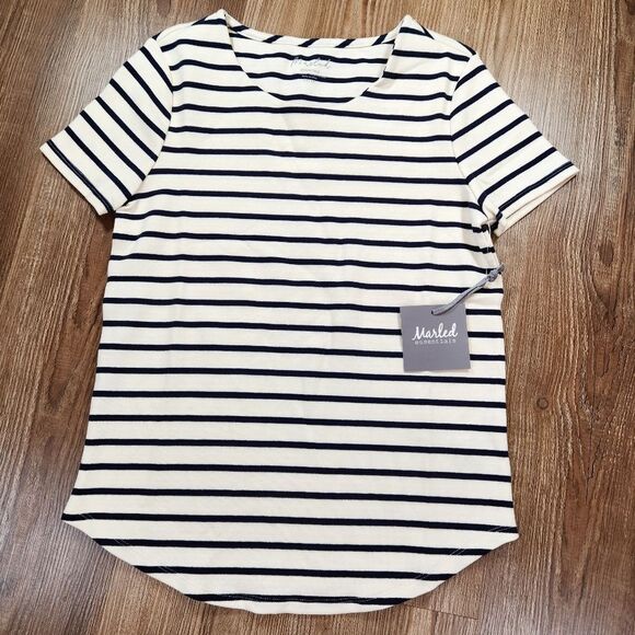 🔸️NWT Marled Ivory & Navy Stripe Short Sleeve Top XSmall - Picture 1 of 6
